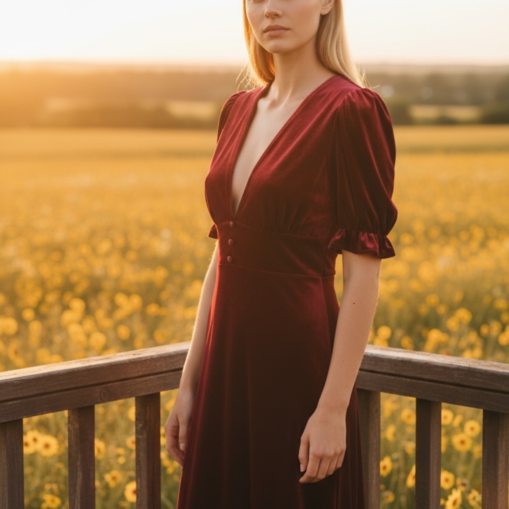 Elegant Burgundy Red Velvet Dress Retro New